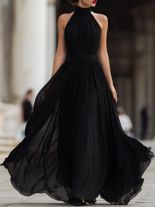 Pleated Chiffon Maxi Dress in Black – Liva by Maravesse