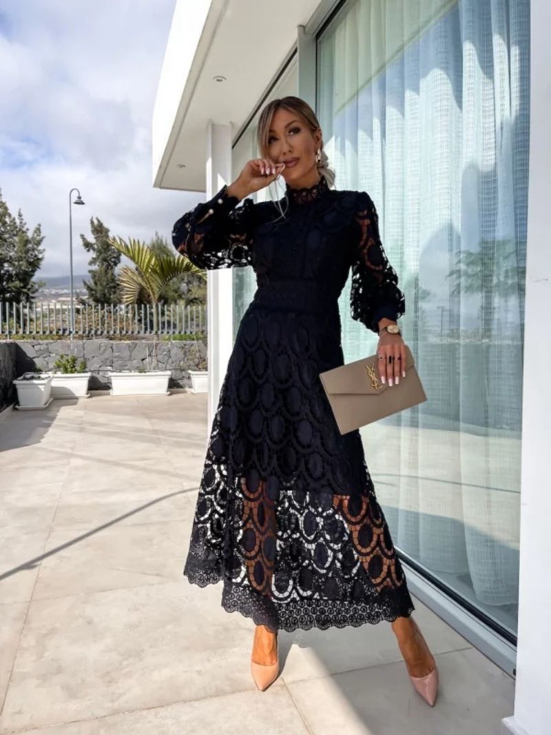 Lace Puff Sleeve Midi Dress in Black – Persephone by Maravesse
