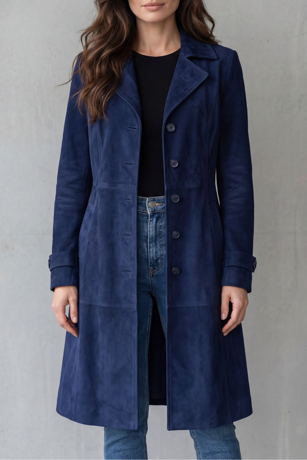 Suede Longline Coat in Navy – Maeve by Maravesse