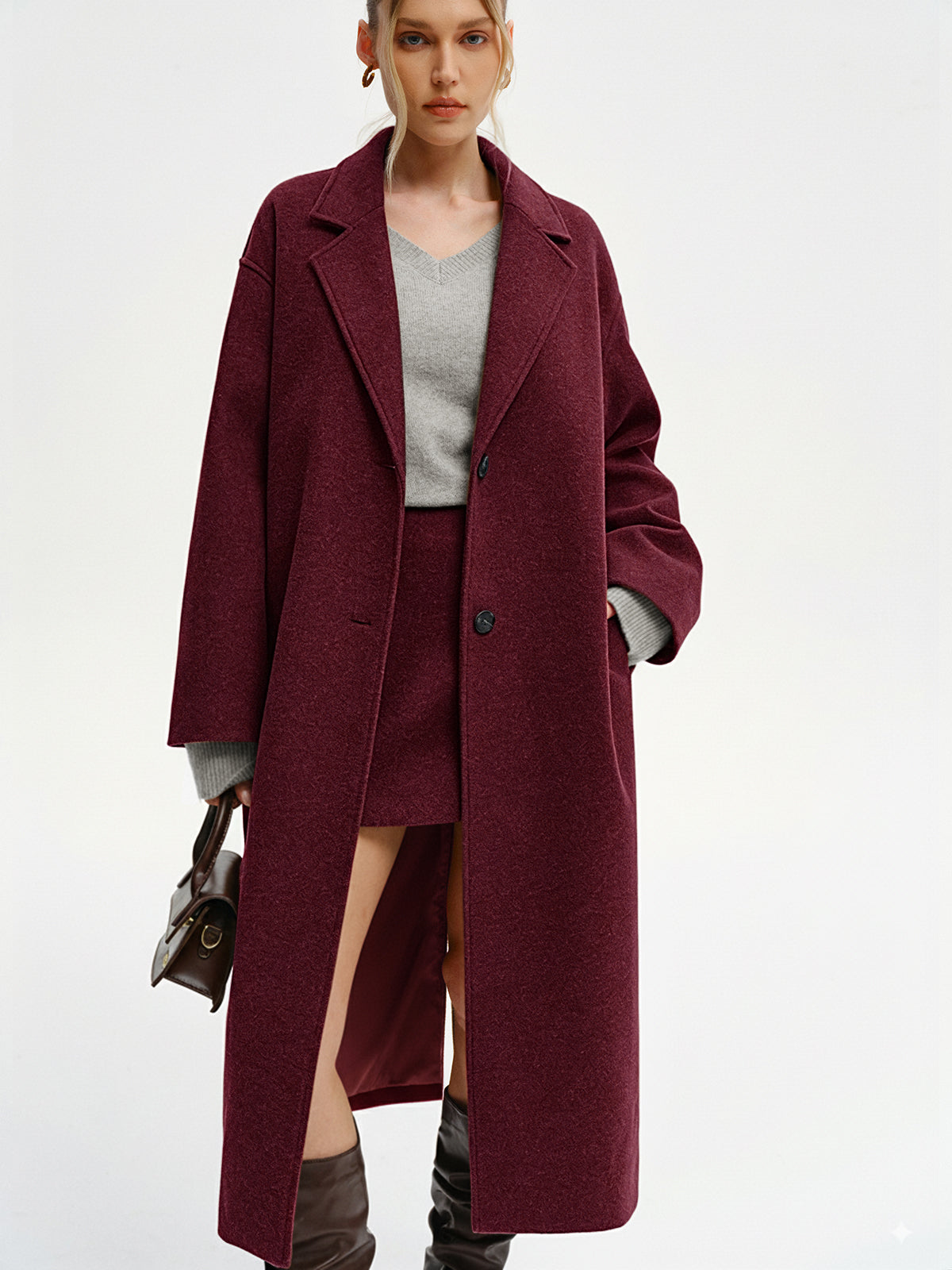 Tweed Oversized Coat in Burgundy – Giselle by Maravesse