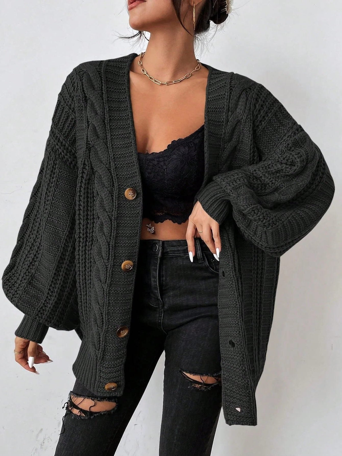 Cable Knit Cable Cardigan in Black – Sabine by Maravesse