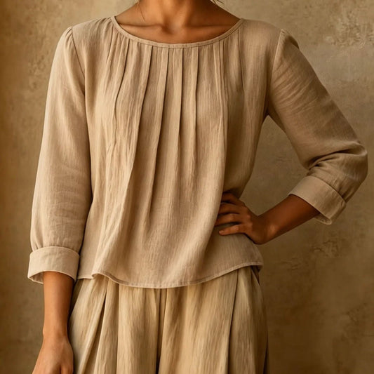 Pleated Linen Blouse in Beige – Arabella by Maravesse