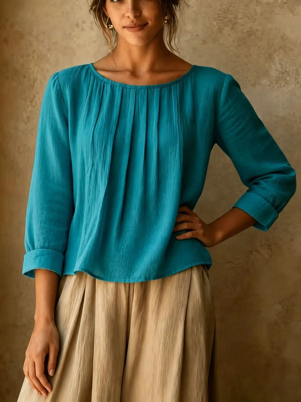 Pleated Linen Blouse in Turqouise – Arabella by Maravesse