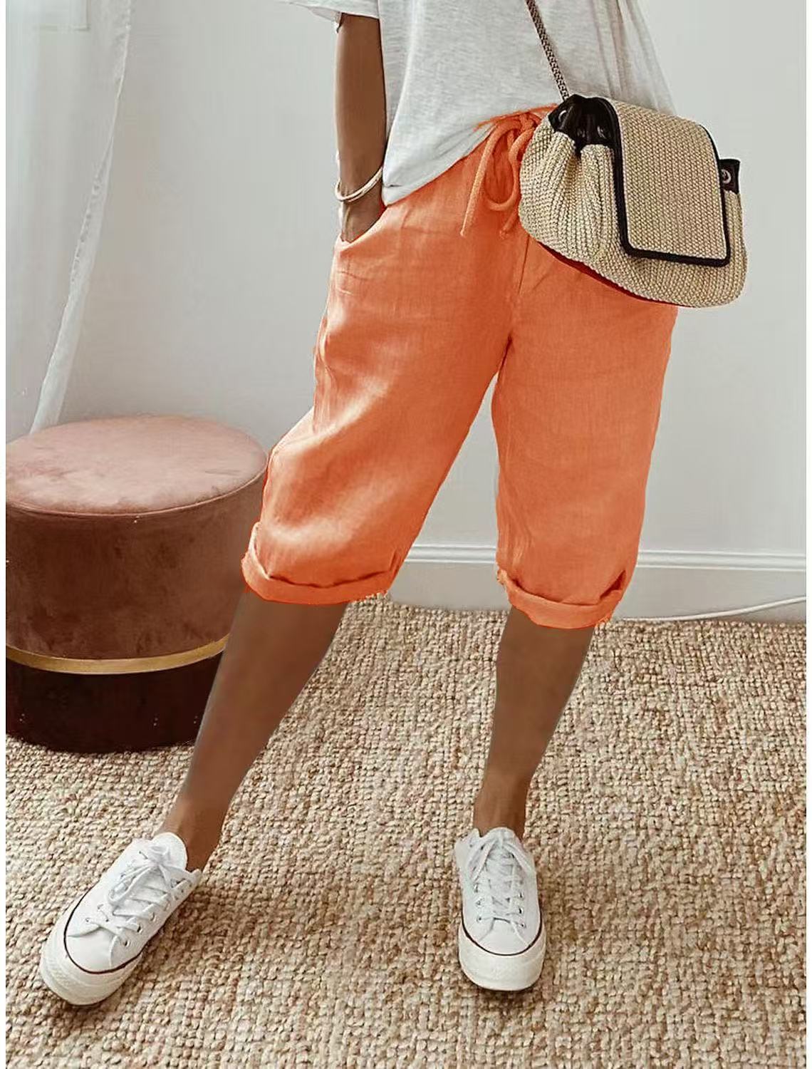 Linen Cropped Shorts in Orange – Maeve by Maravesse