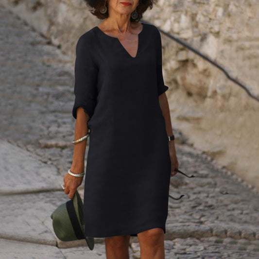 Linen Relaxed Midi Dress in Black – Greer by Maravesse