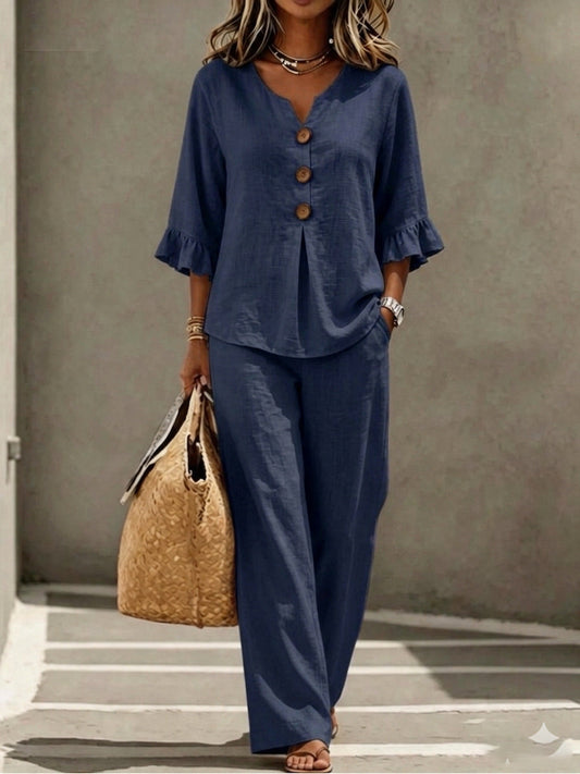 Ruffle Linen Set in Dark Blue – Elodie by Maravesse