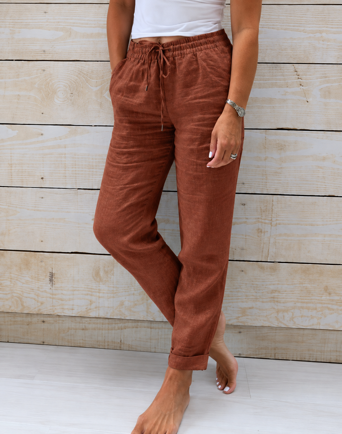 Linen Relaxed Trousers in Brown – Elara by Maravesse