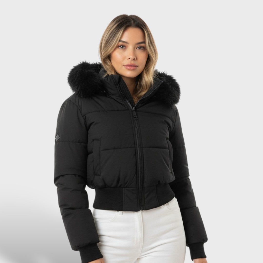 Faux Fur Cropped Puffer Jacket in Black – Celine by Maravesse