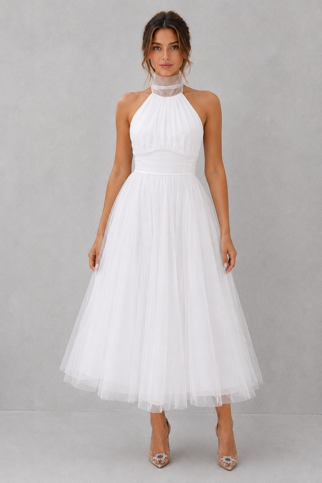 Tulle Midi Dress in White – Rhea by Maravesse