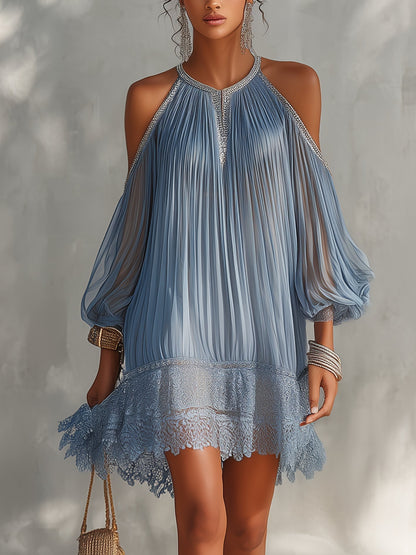 Lace Off-Shoulder Mini Dress in Blue – Camille by Maravesse