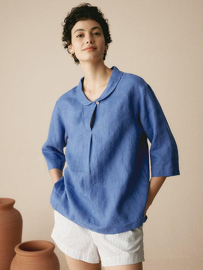 Linen Blouse in Denim Blue – Lavinia by Maravesse