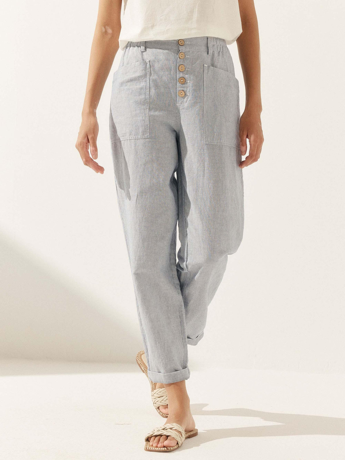 Linen Trousers in Denim Pinstripe – Seraphina by Maravesse