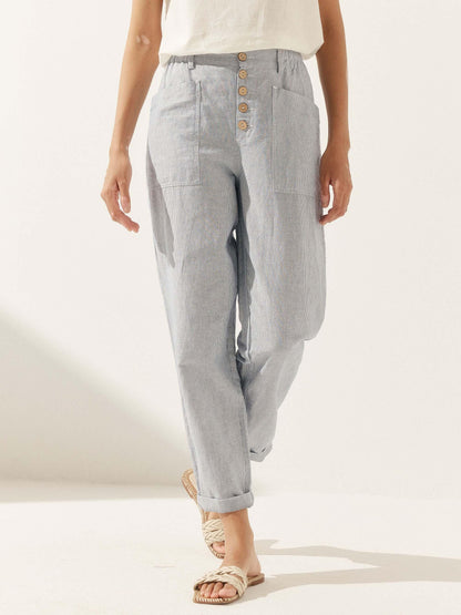 Linen Trousers in Denim Pinstripe – Seraphina by Maravesse