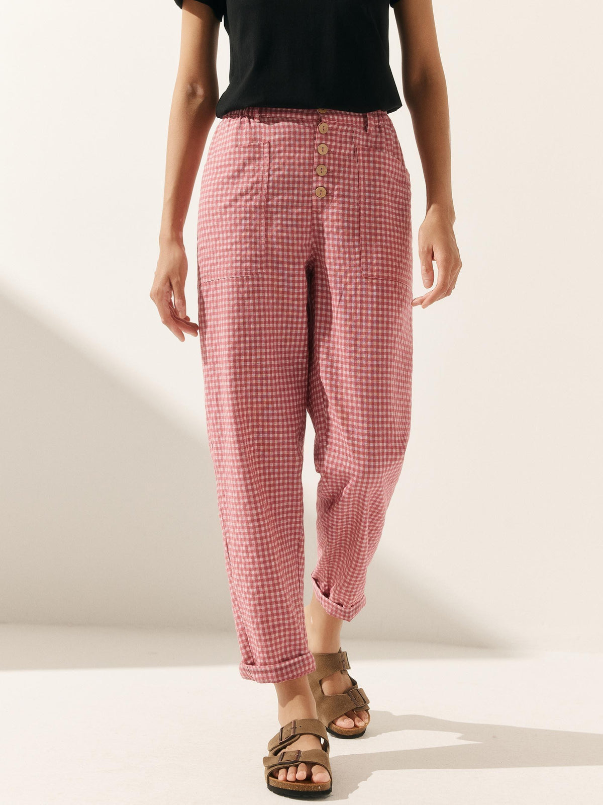 Linen Trousers in Blush Check – Seraphina by Maravesse