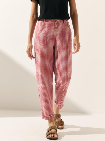Linen Trousers in Blush Check – Seraphina by Maravesse