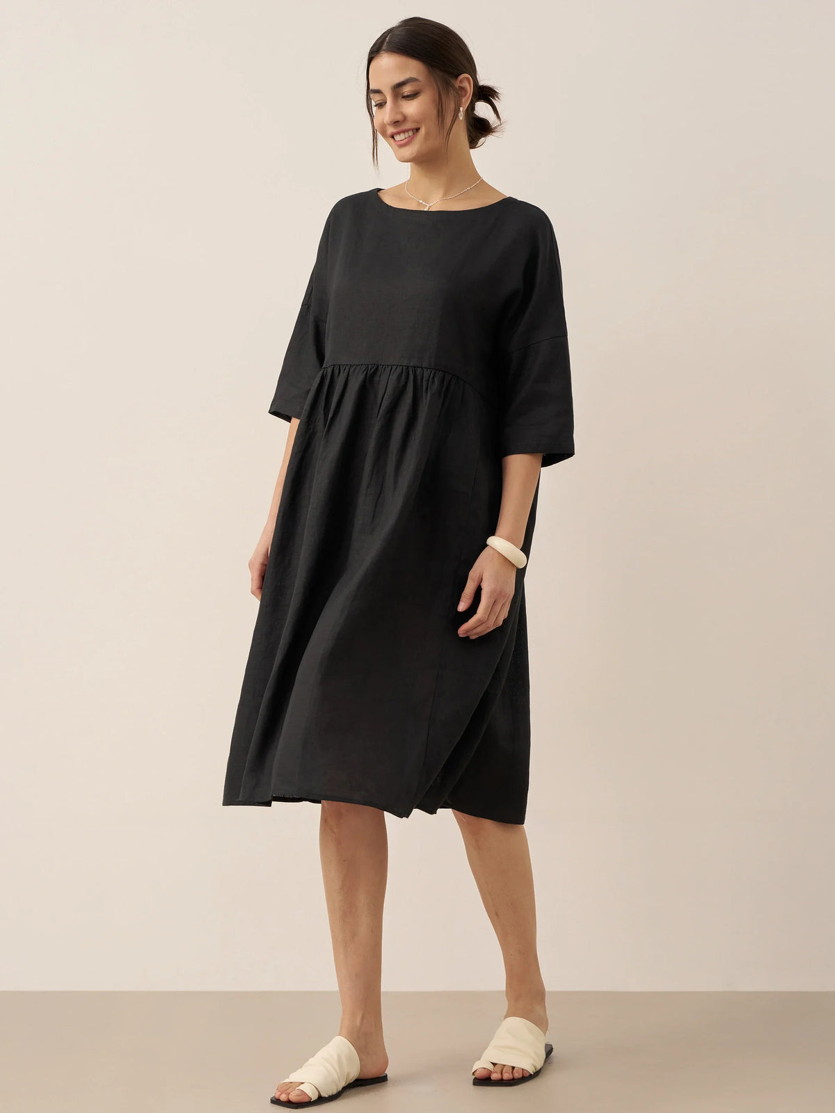 Linen Midi Dress in Charcoal Black – Marguerite by Maravesse