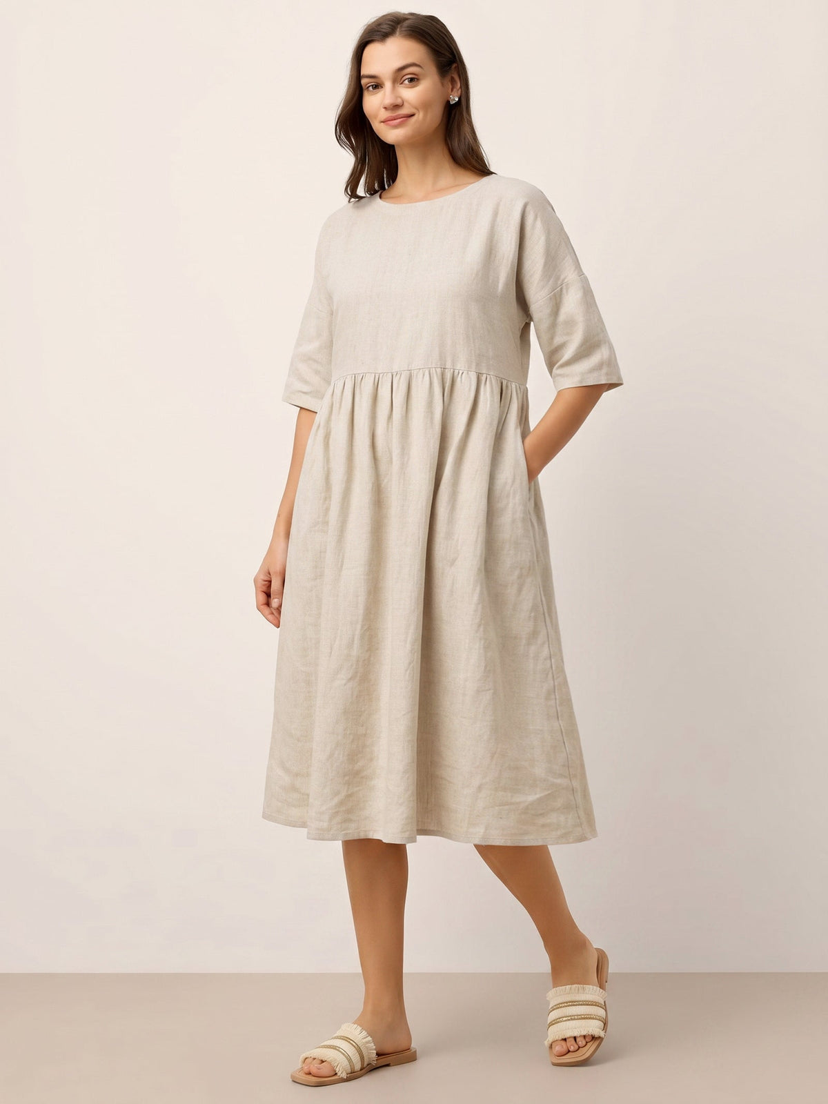 Linen Midi Dress in Natural Melange – Marguerite by Maravesse