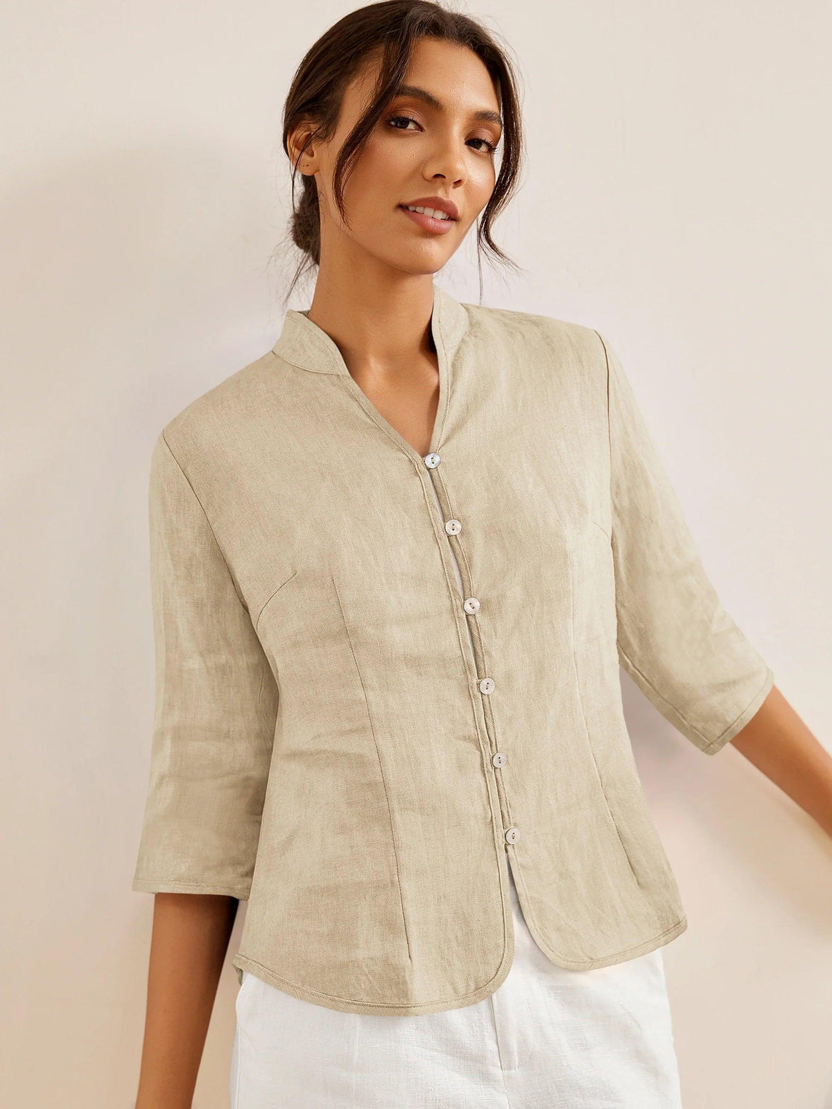 Linen Fitted Jacket in Khaki – Elodie by Maravesse