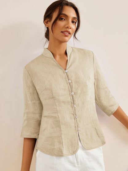 Linen Fitted Jacket in Khaki – Elodie by Maravesse