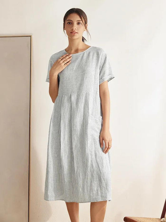 Linen Midi Dress in Blue Stripe – Iris by Maravesse