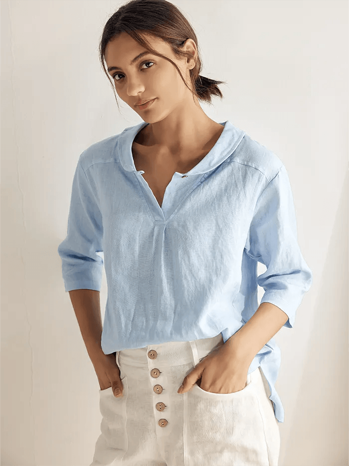 Linen Blouse in Baby Blue – Lavinia by Maravesse