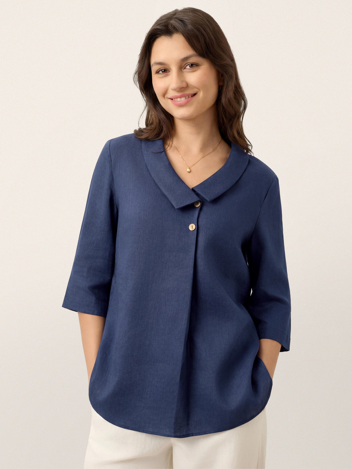 Pleated Linen Top in Navy Blue – Isolde by Maravesse