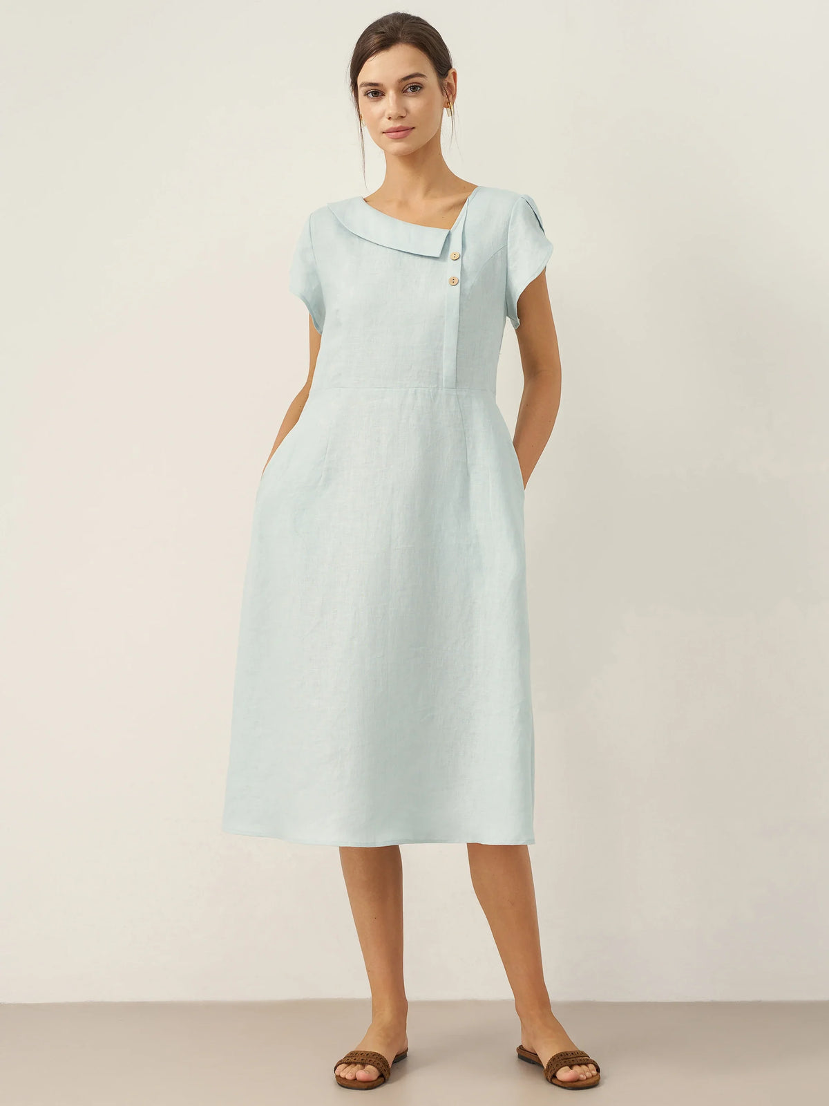 Linen Midi Dress in Aqua Blue – Lotte by Maravesse