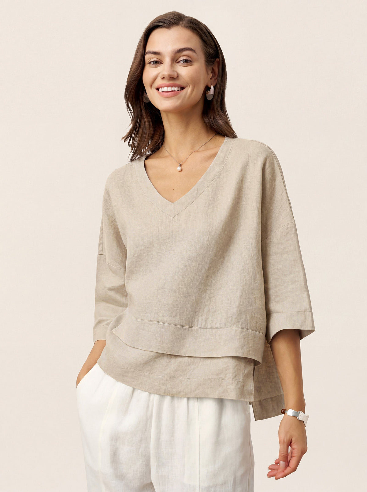Pleated Linen Blouse in Natural Melange – Celine by Maravesse