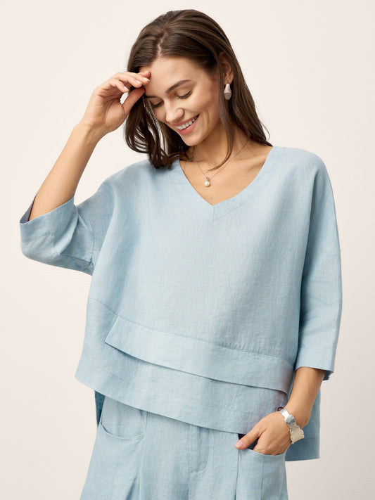 Pleated Linen Blouse in Sky Blue – Celine by Maravesse