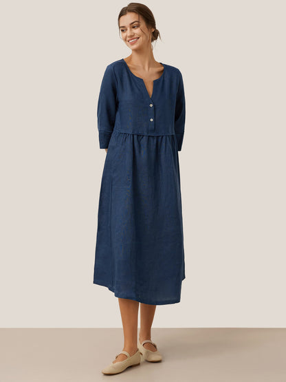 Linen Midi Dress in Navy Blue – Odette by Maravesse