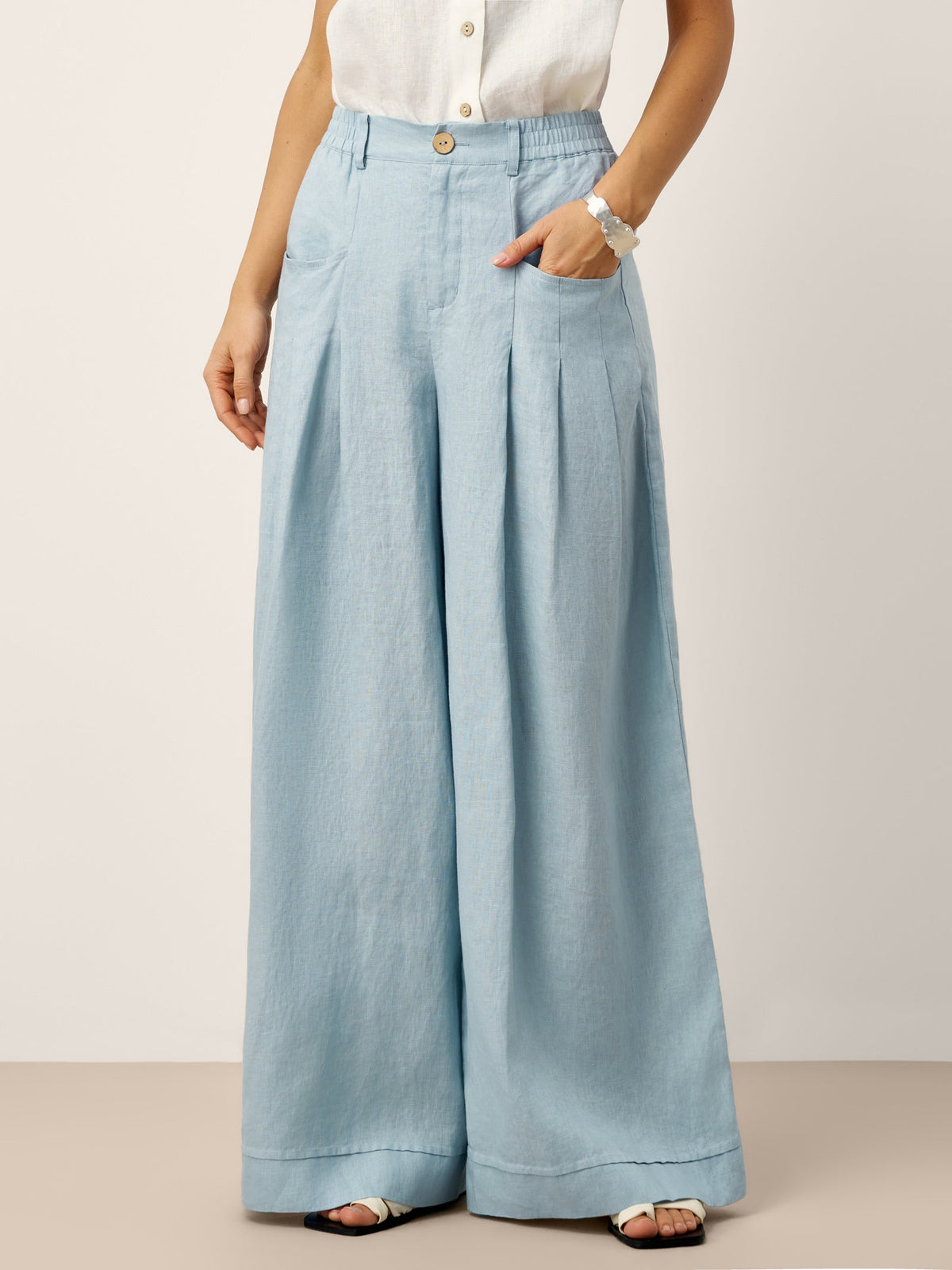 Linen Relaxed Trousers in Sky Blue – Vivienne by Maravesse