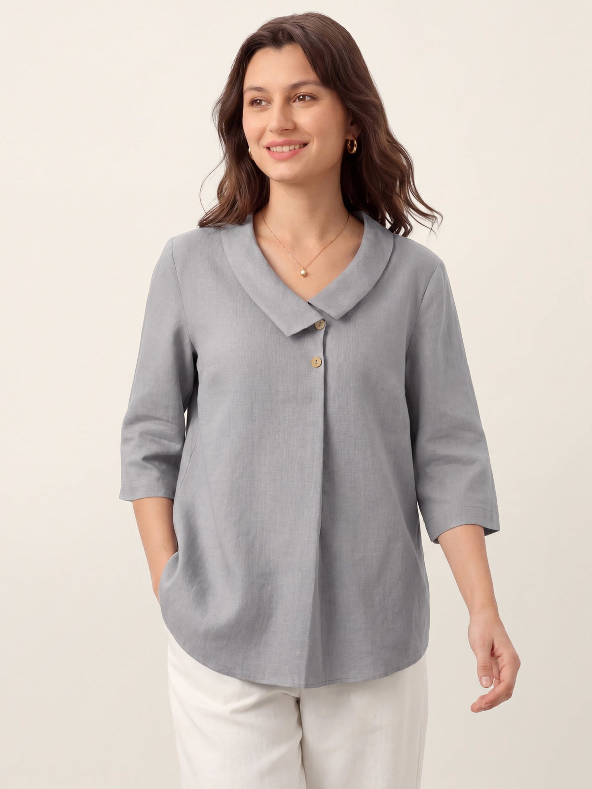 Pleated Linen Top in Silver Ash – Isolde by Maravesse