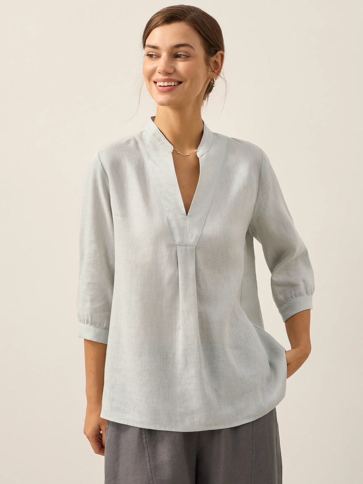 A-Line Linen Blouse in Mist Blue – Delphine by Maravesse