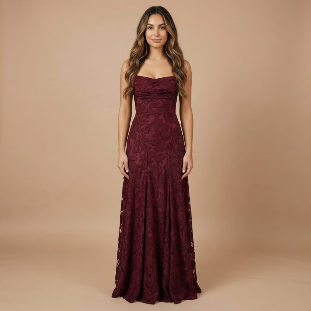 Lace Maxi Dress in Burgundy – Saskia by Maravesse