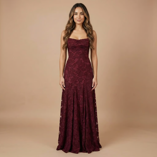 Lace Maxi Dress in Burgundy – Saskia by Maravesse