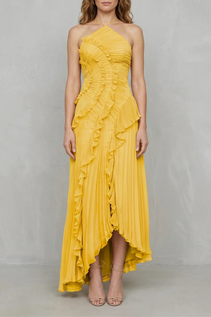 Ruffle Pleated Maxi Dress in Yellow – Genevieve by Maravesse