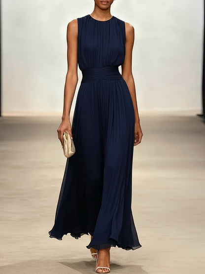Pleated Ruched Maxi Dress in Dark Blue – Lucille by Maravesse