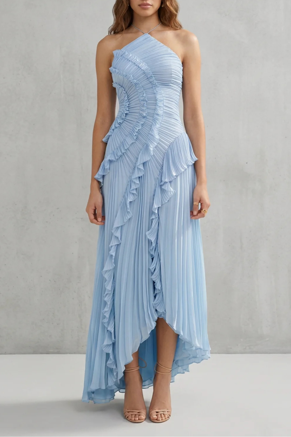 Ruffle Pleated Maxi Dress in Light blue – Genevieve by Maravesse