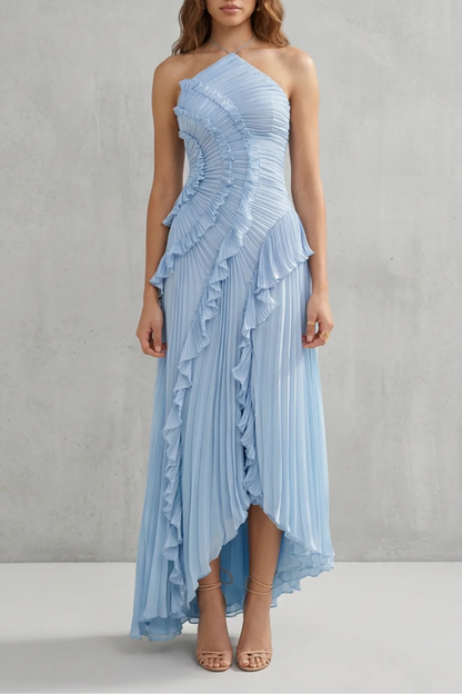 Ruffle Pleated Maxi Dress in Light blue – Genevieve by Maravesse