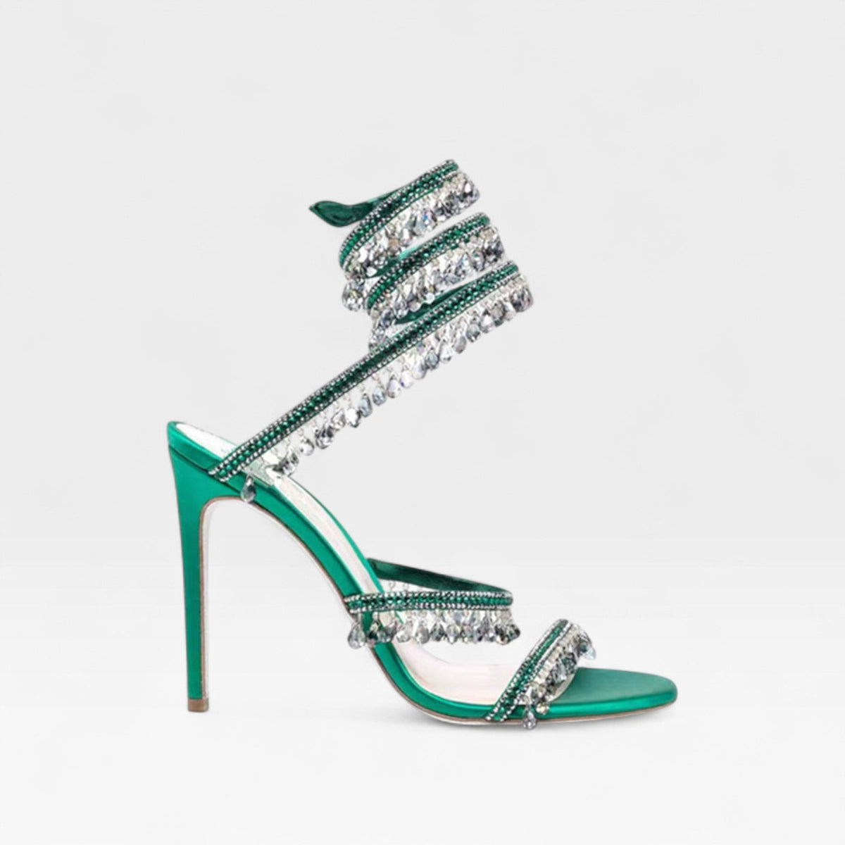 Crystal Strappy Heels in Emerald – Celine by Maravesse