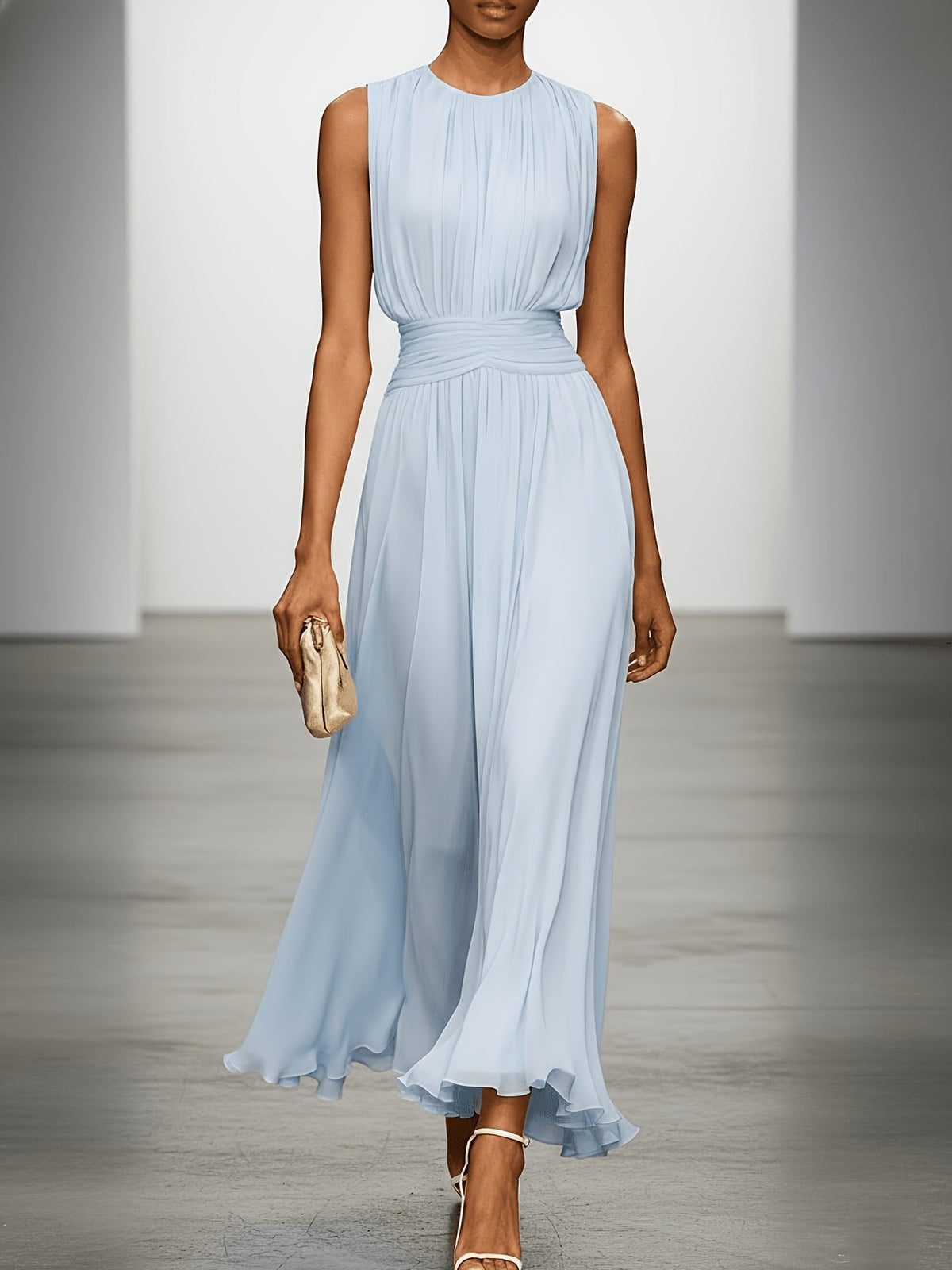 Pleated Ruched Maxi Dress in Light Blue – Lucille by Maravesse