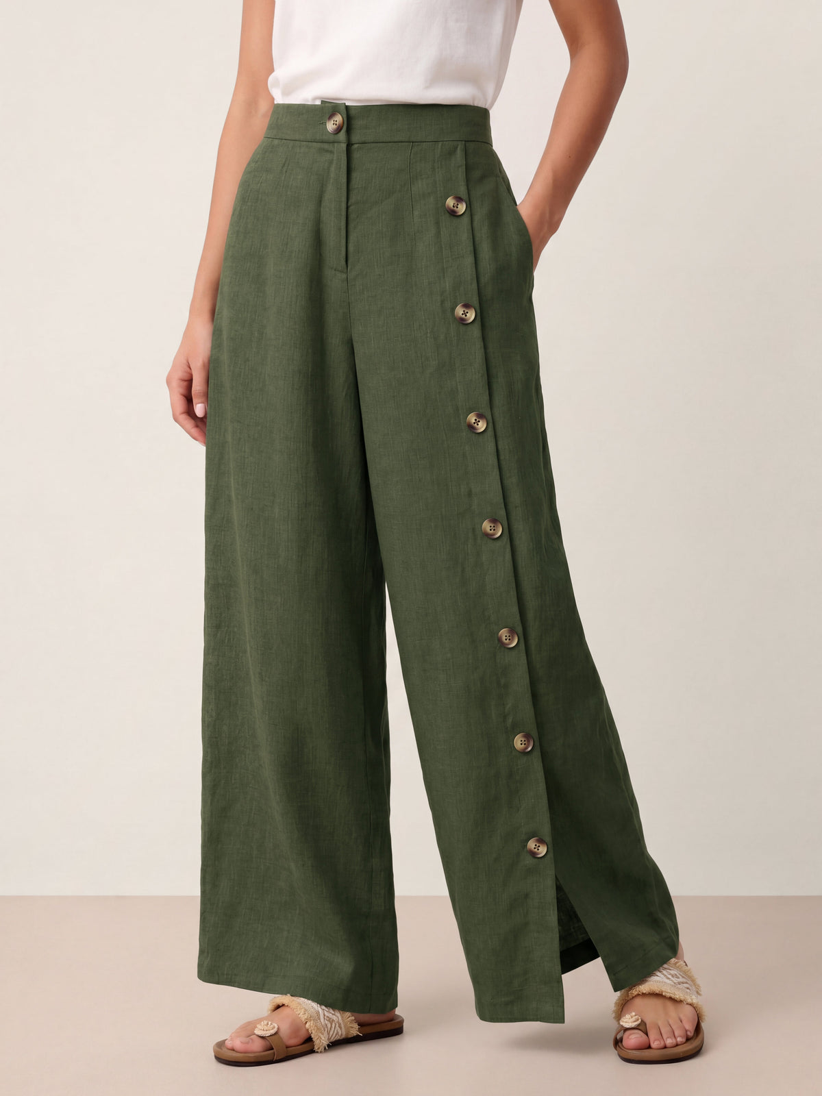 Linen Trousers in Forest Olive – Lucille by Maravesse
