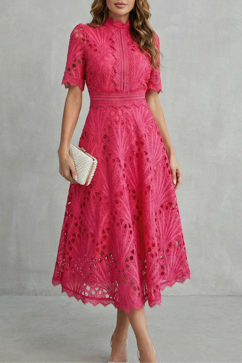 Lace Midi Dress in Rose Red – Fleur by Maravesse