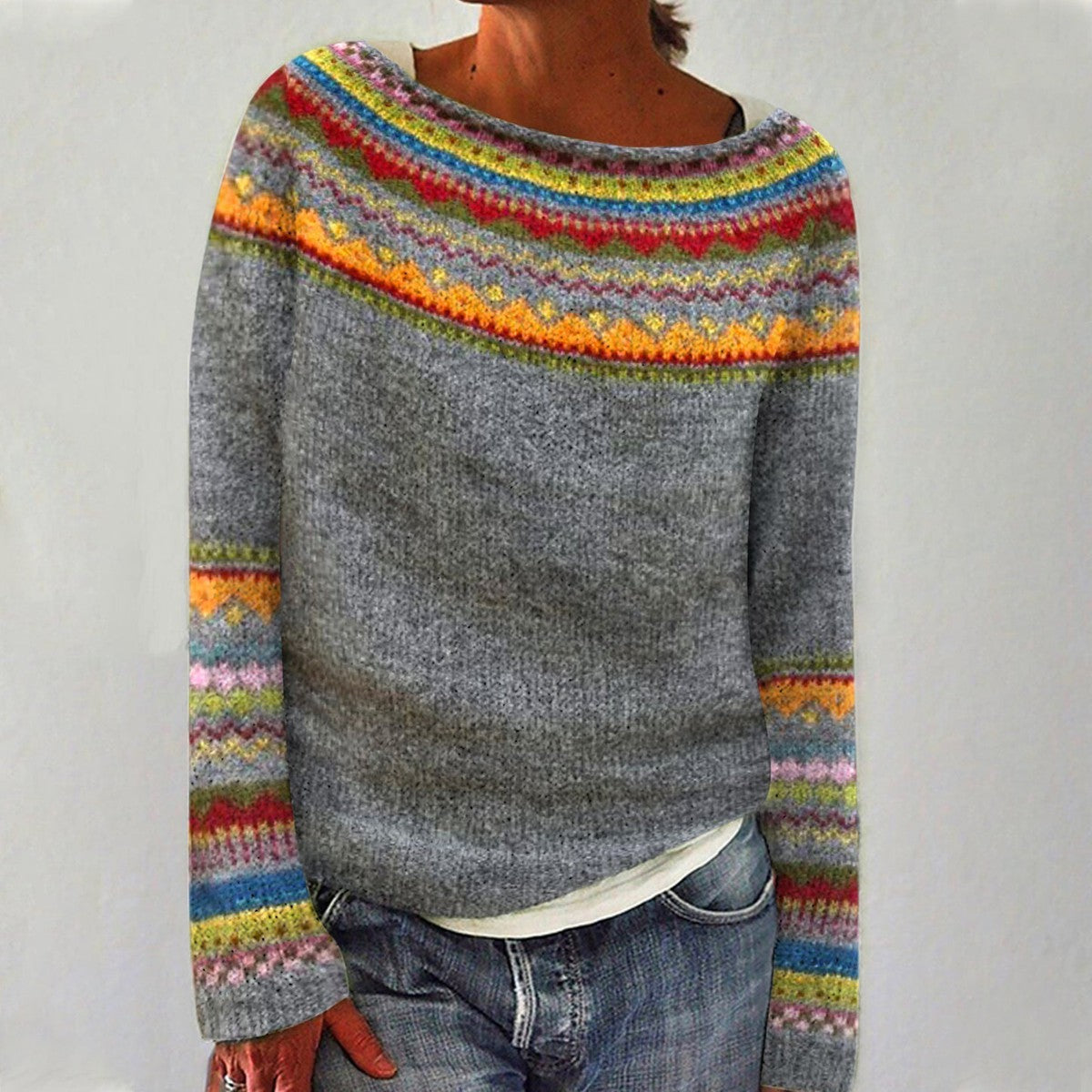 Cable Knit Jumper in Grey/Rainbow – Seraphina by Maravesse
