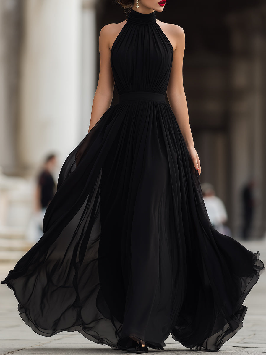 Pleated Chiffon Maxi Dress in Black – Liva by Maravesse
