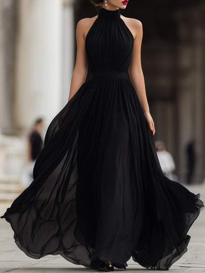 Pleated Chiffon Maxi Dress in Black – Liva by Maravesse