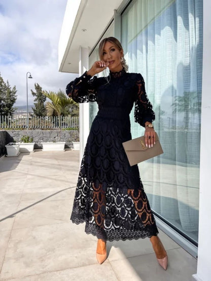 Lace Puff Sleeve Midi Dress in Black – Persephone by Maravesse