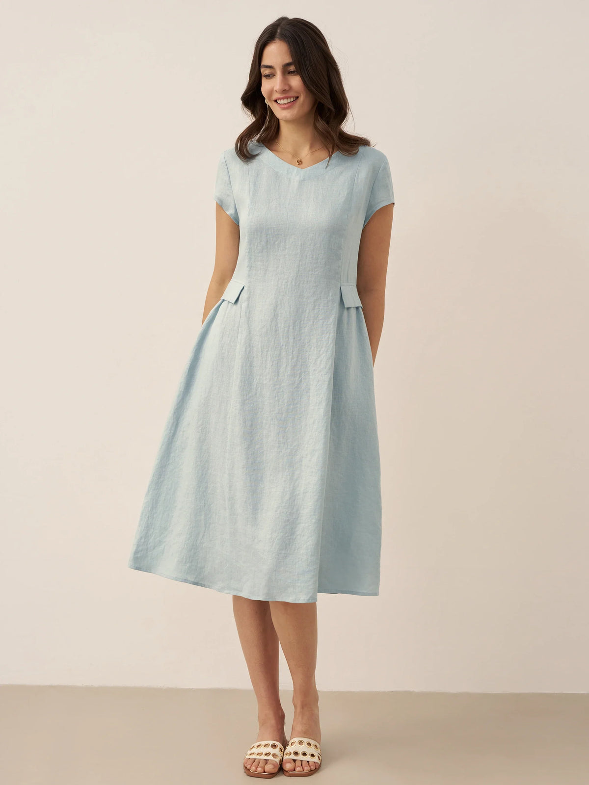 Linen Midi Dress in Aqua Blue – Romy by Maravesse