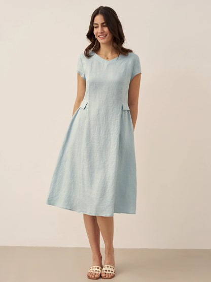Linen Midi Dress in Aqua Blue – Romy by Maravesse