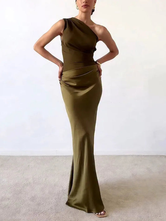 Pleated One-Shoulder Maxi Dress in Dark Green – Maren by Maravesse